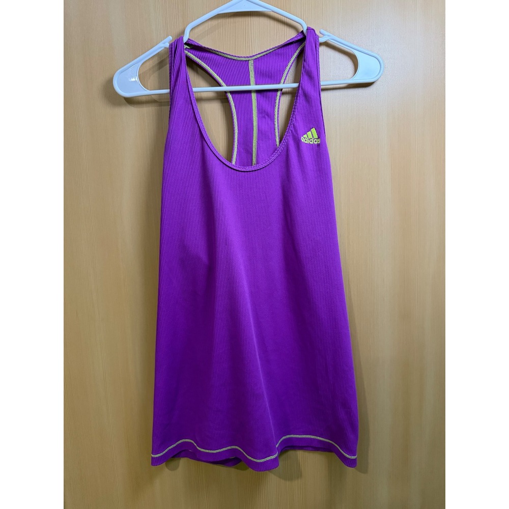 Adidas Womens Racerback Tank Top Purple Ribbed Neon Yellow Stitching Gym Shirt